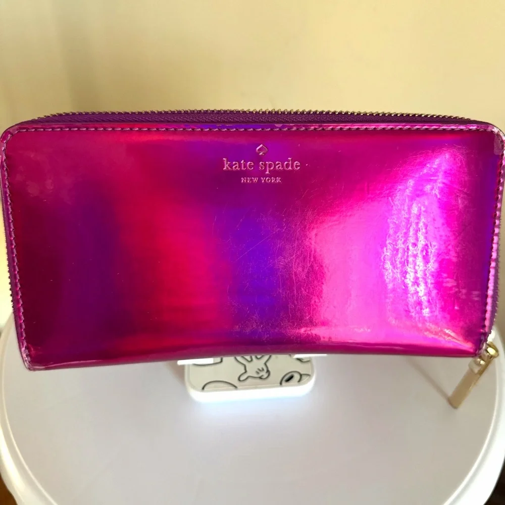 Kate Spade Fuchsia Metallic zip around wallet with Storybook Lining Rare find